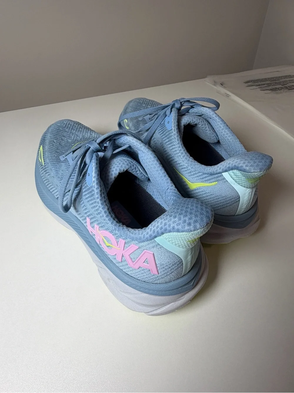 Women’s Hoka Clifton 3 9.5 Light Blue Running Shoes with Neon Yellow Accents
